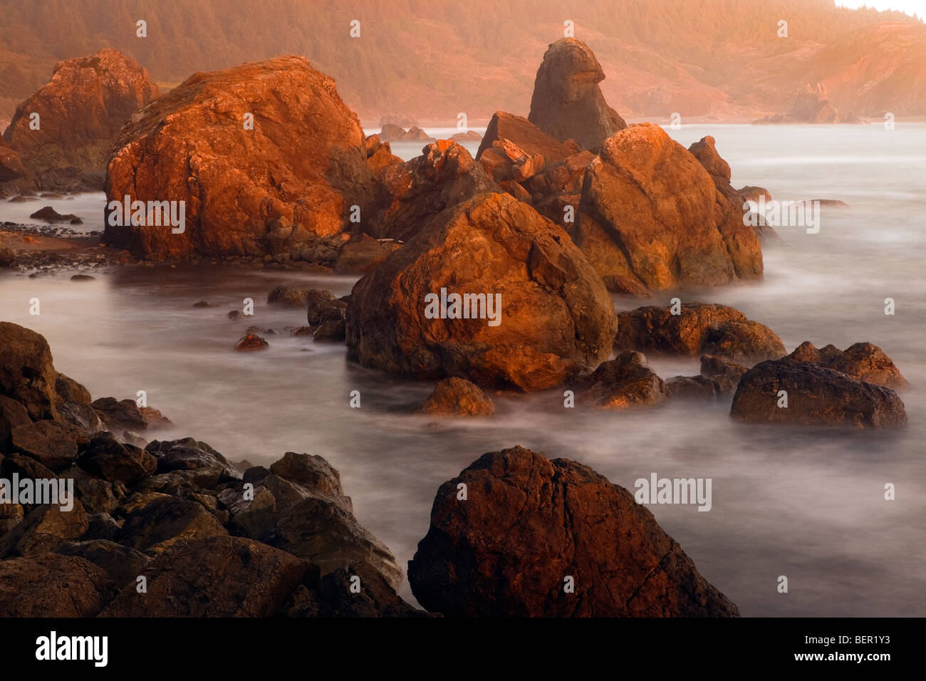View of Beach, Surf and Rock Formations, Lone Ranch Beach, Oregon Coast, Brookings, Oregon, USA Stock Photo