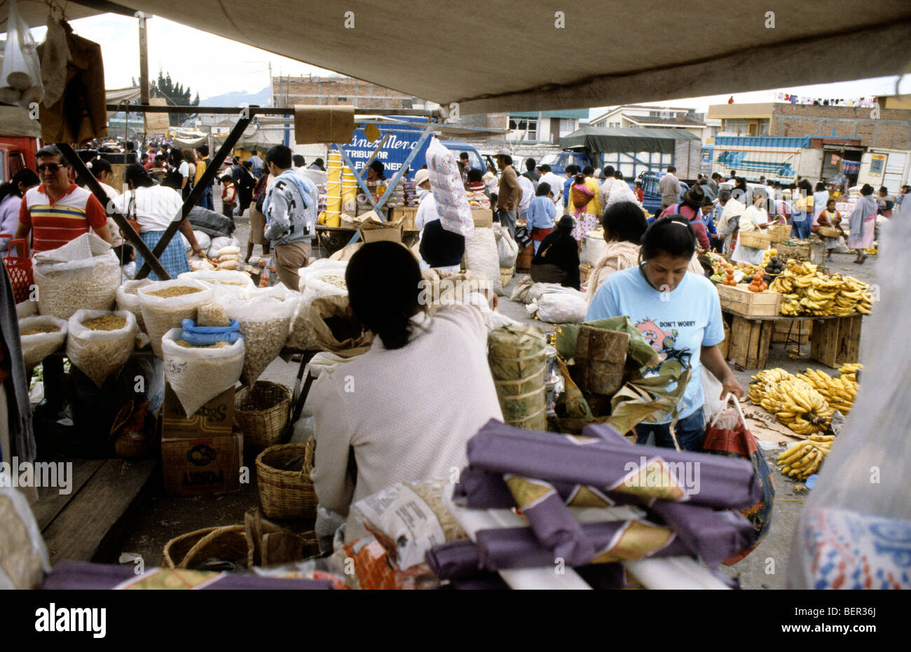 Grain and grain products seller in Ecuadorian local market. Stock Photo