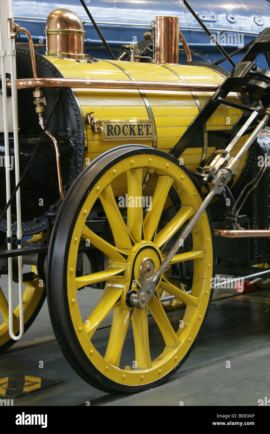 This replica of Stephenson’s Rocket is located in the Great Hall of the National Railway Museum. Stock Photo