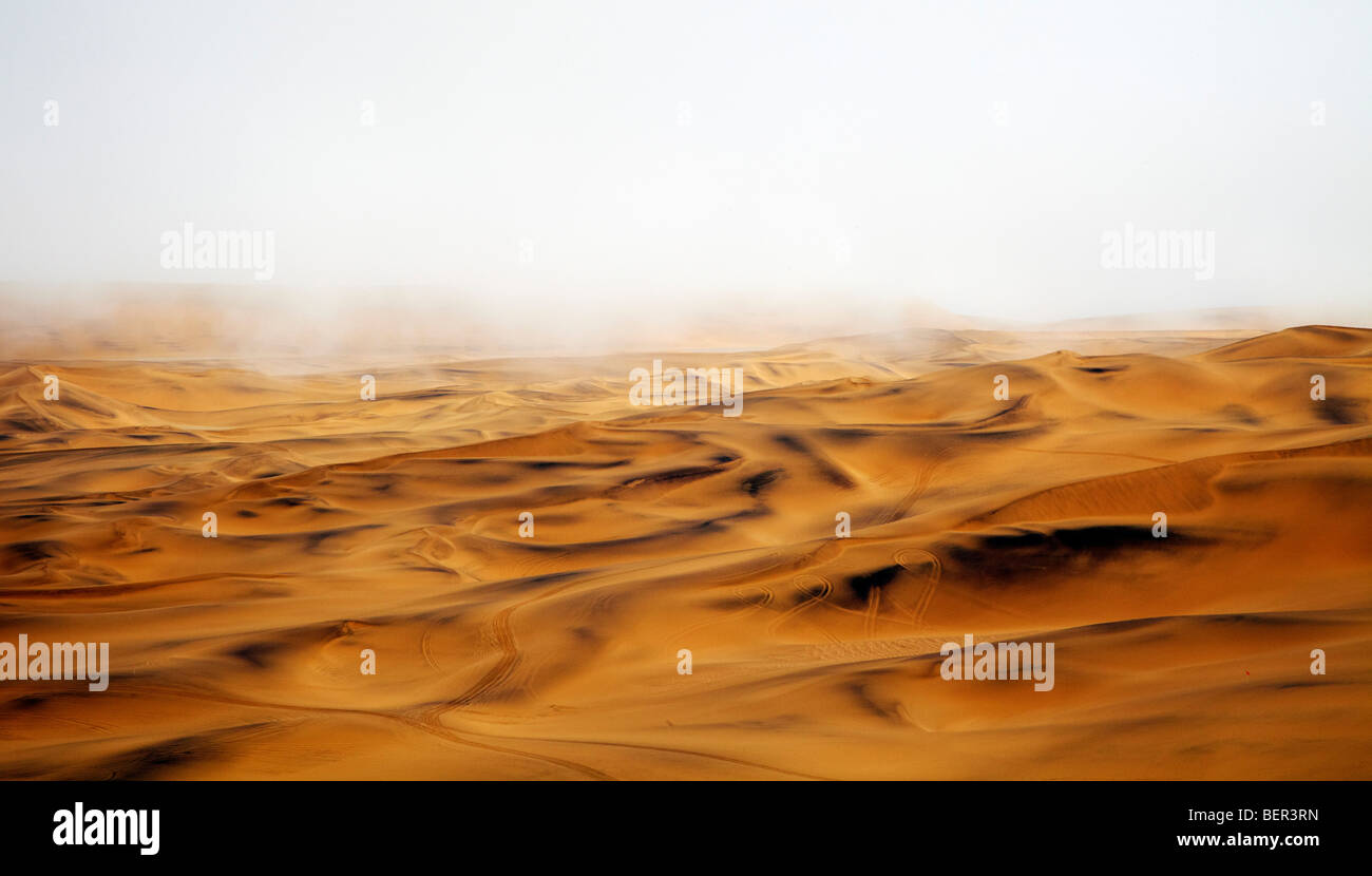 sand dunes in low cloud, Swakopmund, Namibia Stock Photo