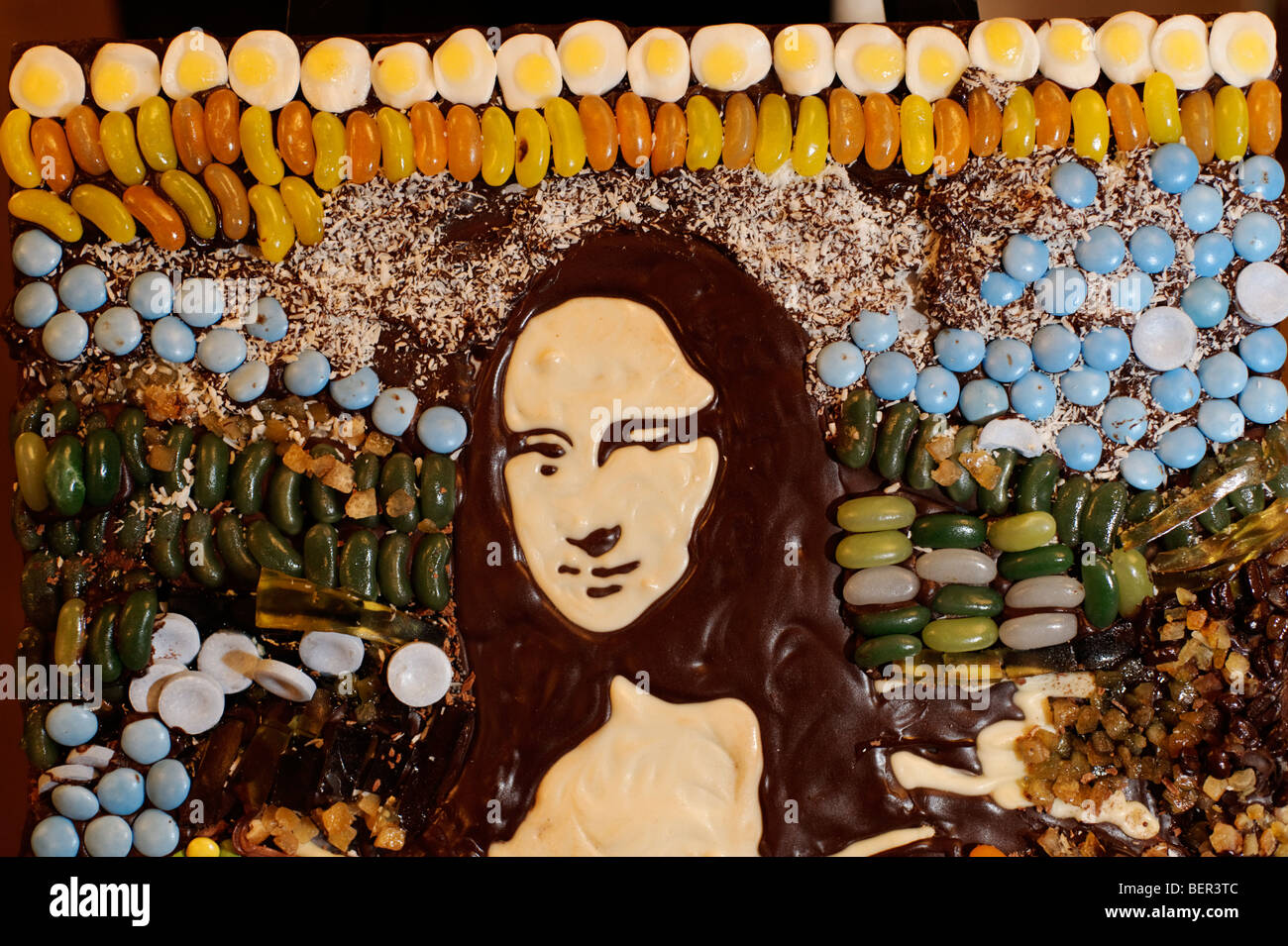 Chocolate Mona Lisa painting by 'Food is Art' Prudence Staite. Chocolate Unwrapped. London 2009 Stock Photo