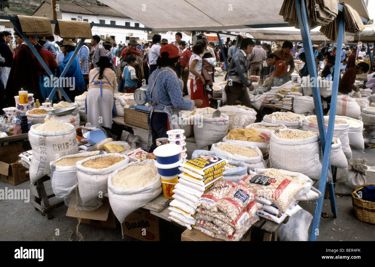 Grain and pasta seller.  Ecuadorian Highland Market. Stock Photo