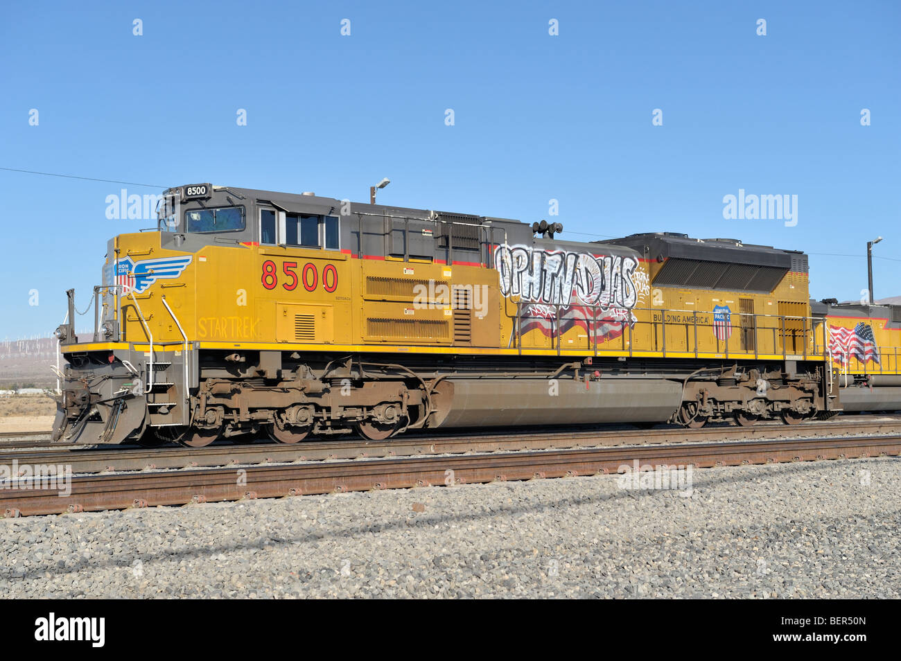 Union Pacific Diesel Locomotive with graffiti 091010 34775 Stock Photo