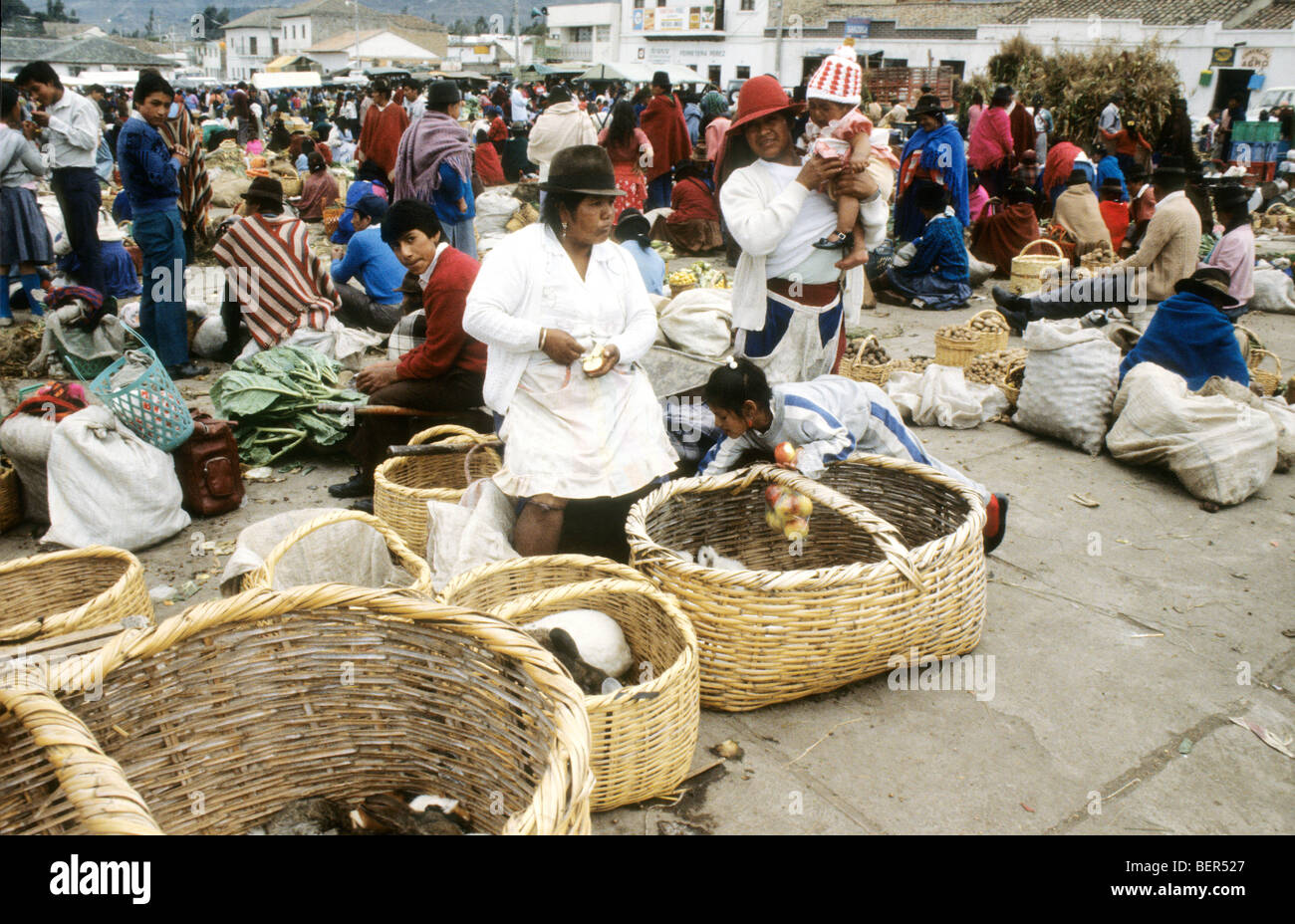 Very large wicker baskets holding rabbits and guinea pigs for sale as meat.  Ecuador highlands local market. Stock Photo