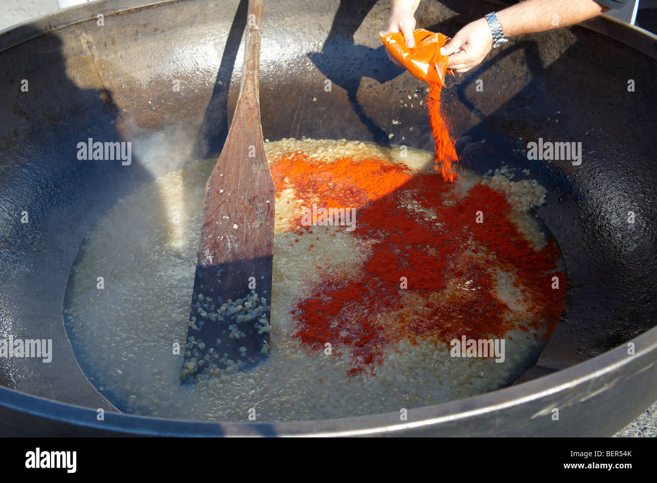 Goulash being prepared in a massive pan. Hungarian Regional Gastronomic Festival 2009 - Gyor ( Győr ) Hungary Stock Photo