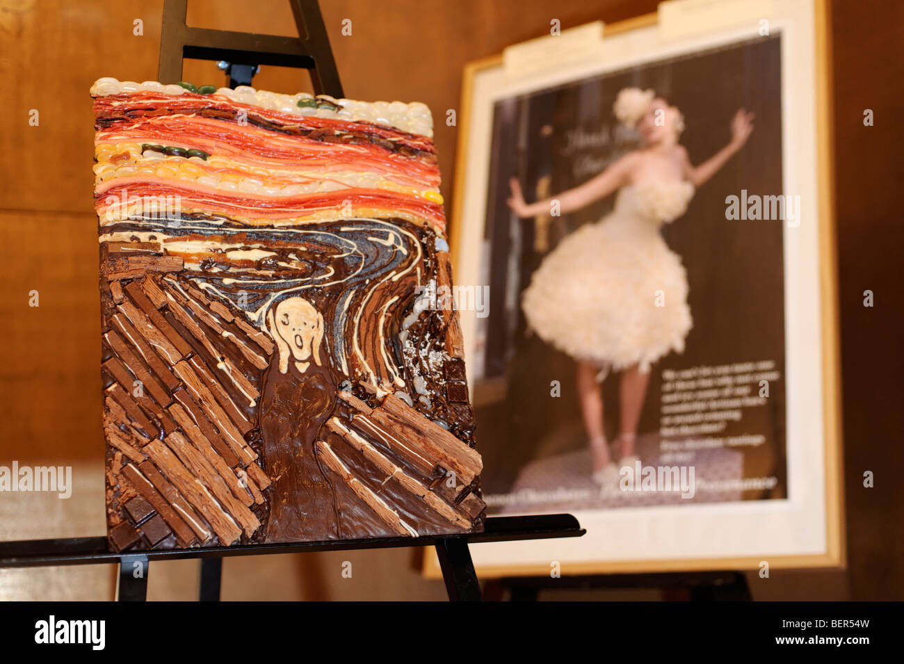 Chocolate painting 'The Scream' by 'Food is Art' Prudence Staite. Chocolate Unwrapped. London 2009 Stock Photo
