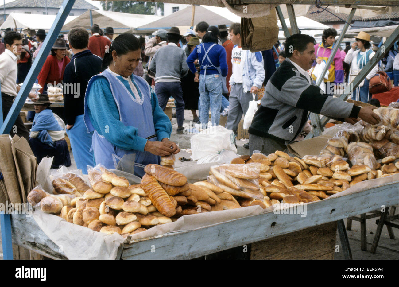 Bread seller. Ecuadorian Highland Market. Stock Photo