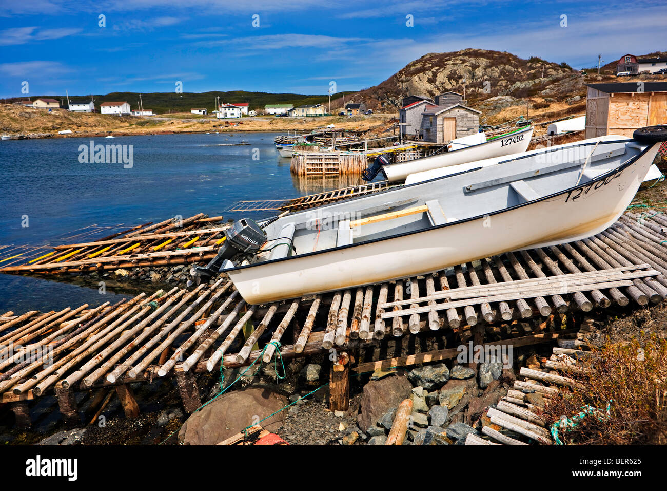 Boats hauled out on wooden ramps in St LunaireGriquet Harbour, St