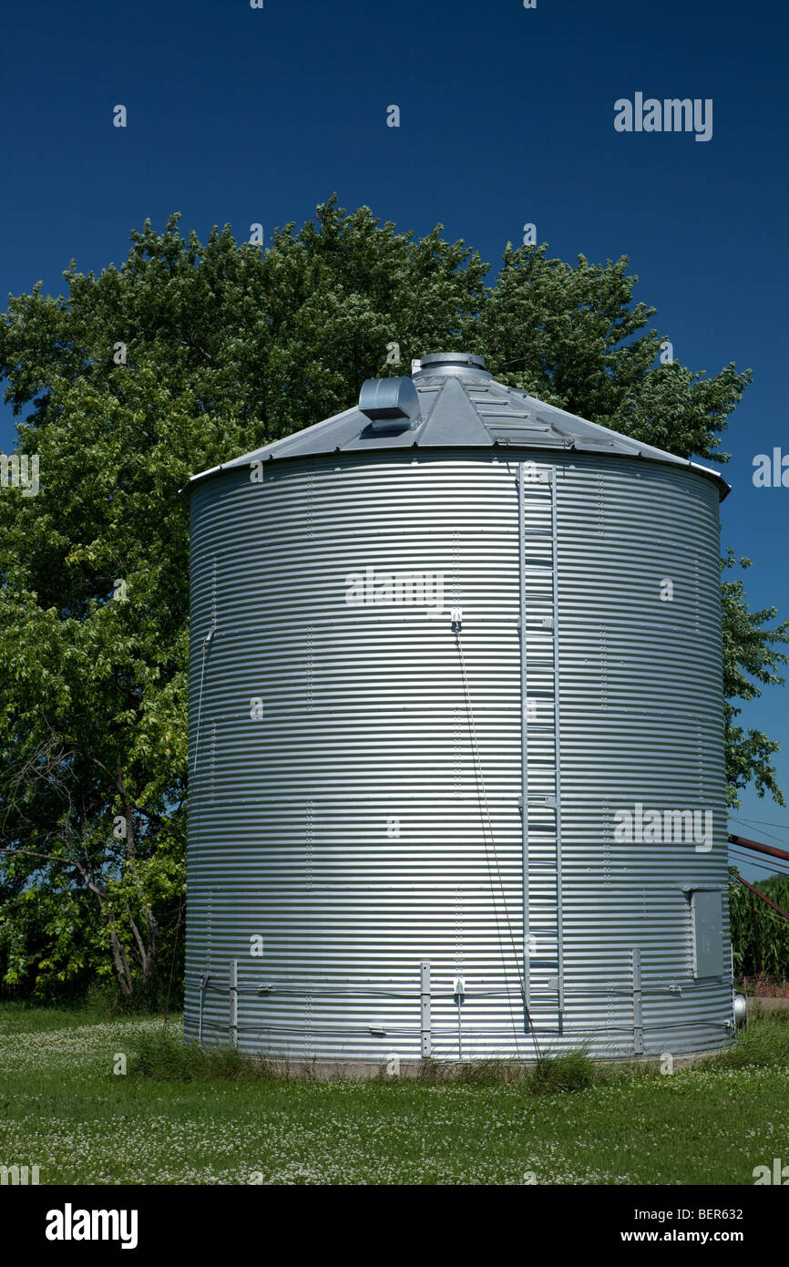 Small grain storage silo on a farm in rural Minnesota stands surrounded