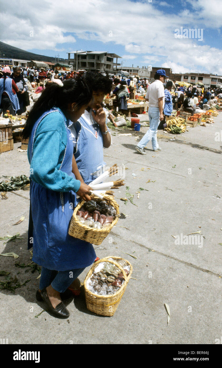 Two young women selling herbs and spices from small baskets.  Local upland Ecuador market. Stock Photo