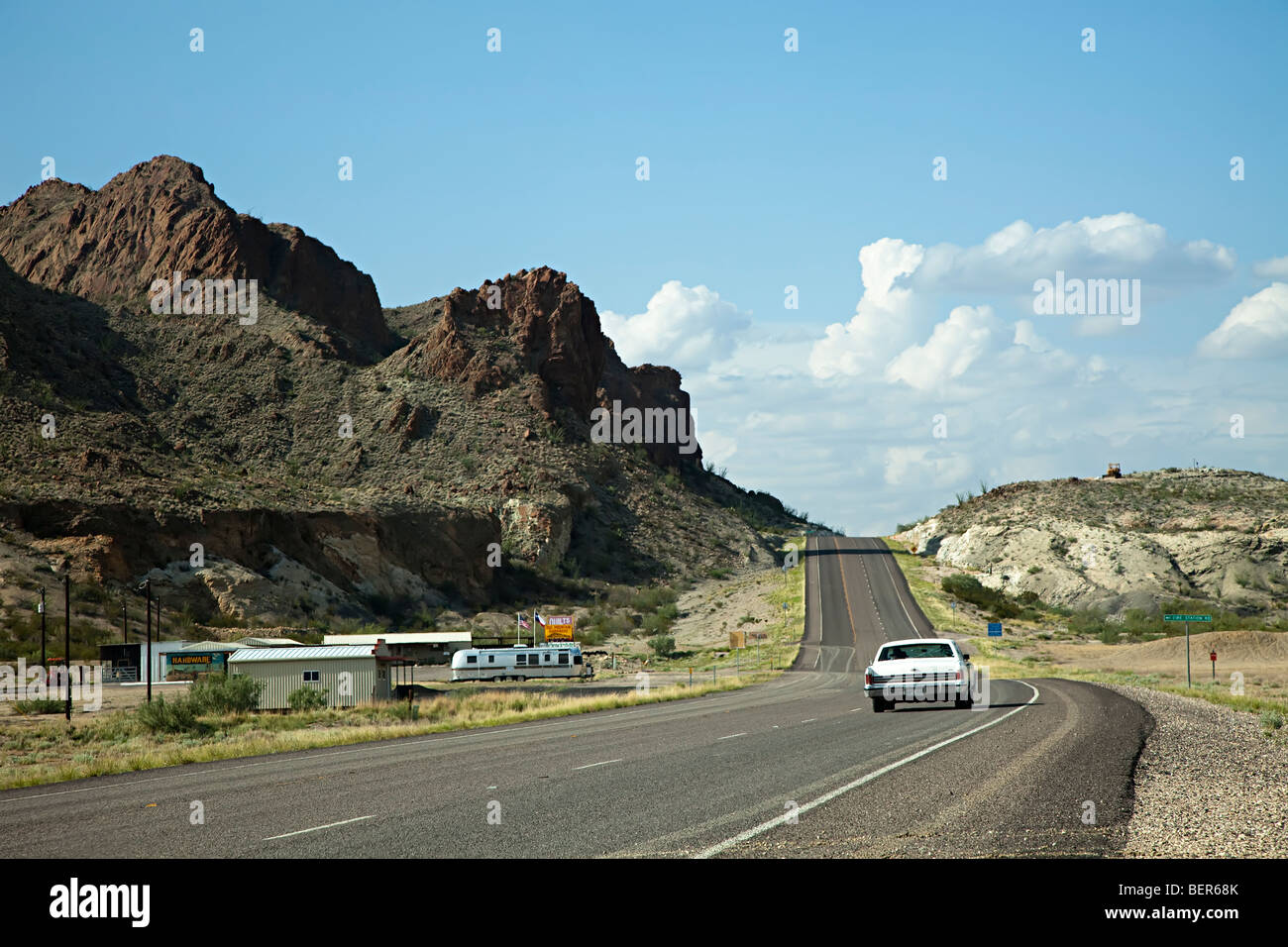 Open road with trailer park Study Butte Texas USA Stock Photo