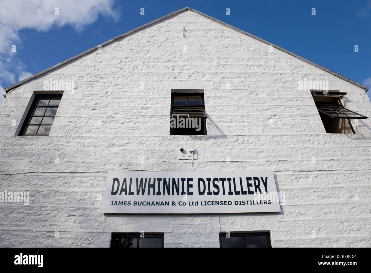Dalwhinnie Distillery building with sign, wide angle Stock Photo