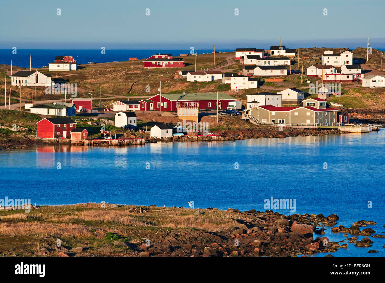 Town of Red Bay seen from the Boney Shore Trail, Red Bay, Labrador Coastal Drive, Highway 510, Viking Trail, Trails to the Vikin Stock Photo