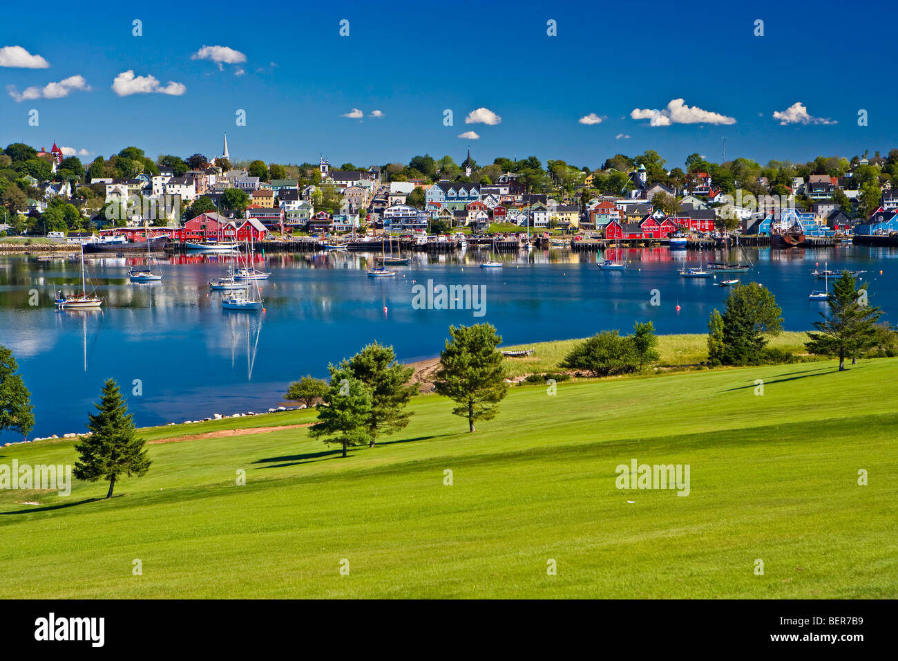 View of the town of Lunenburg,UNESCO World Heritage Site,from the Bluenose Golf Club situated across Lunenburg Harbour,Lighthous Stock Photo