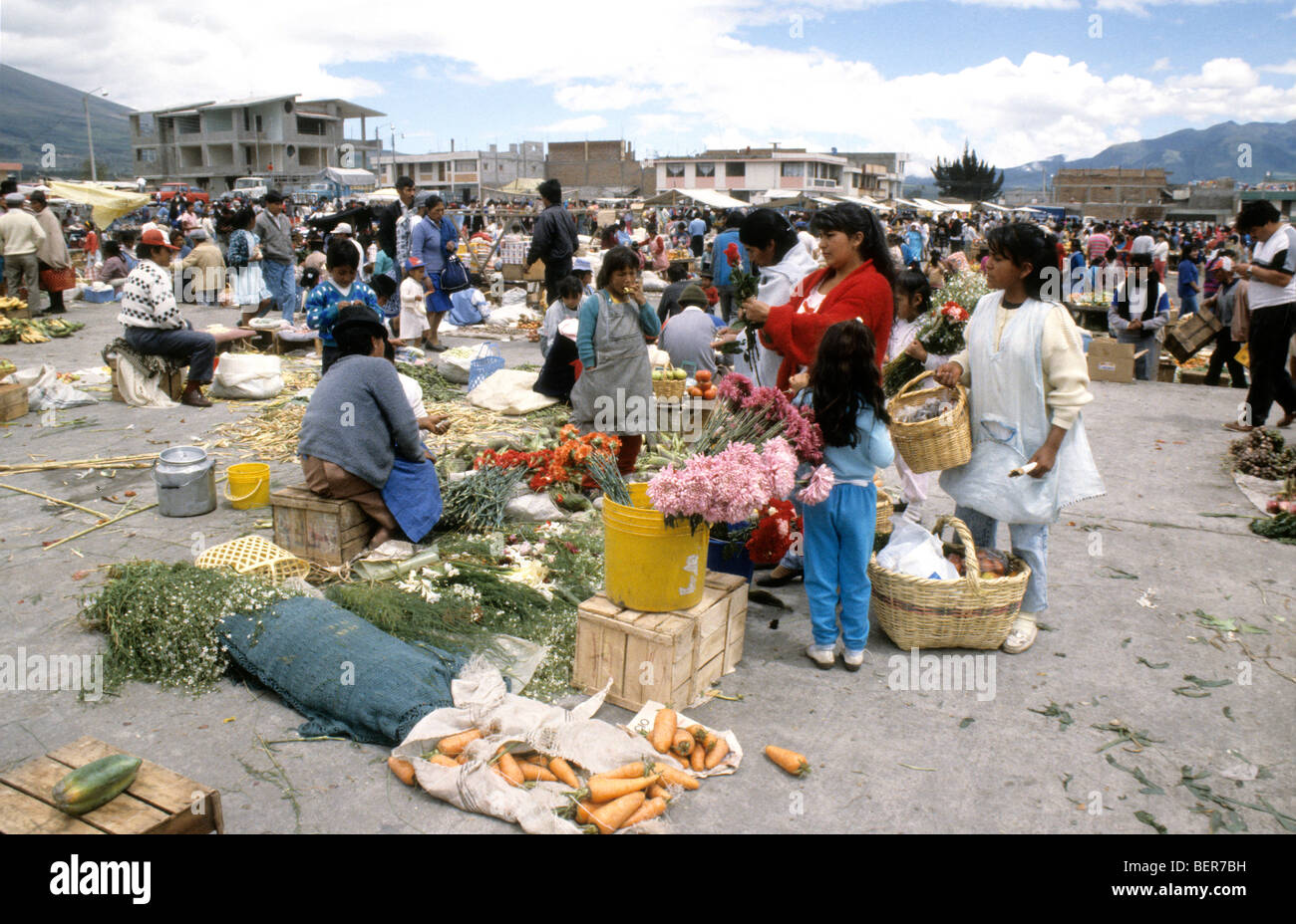 Vegetable and flower seller in local market  upland Ecuador Stock Photo