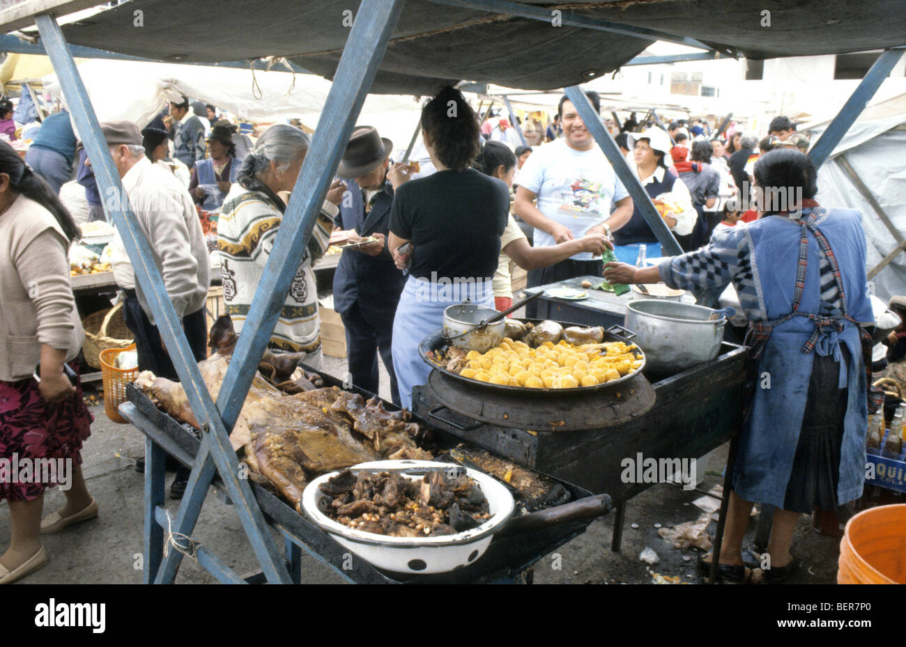 Local ecuadorian delicacy, whole roasted pig laid out on market stall. Stock Photo