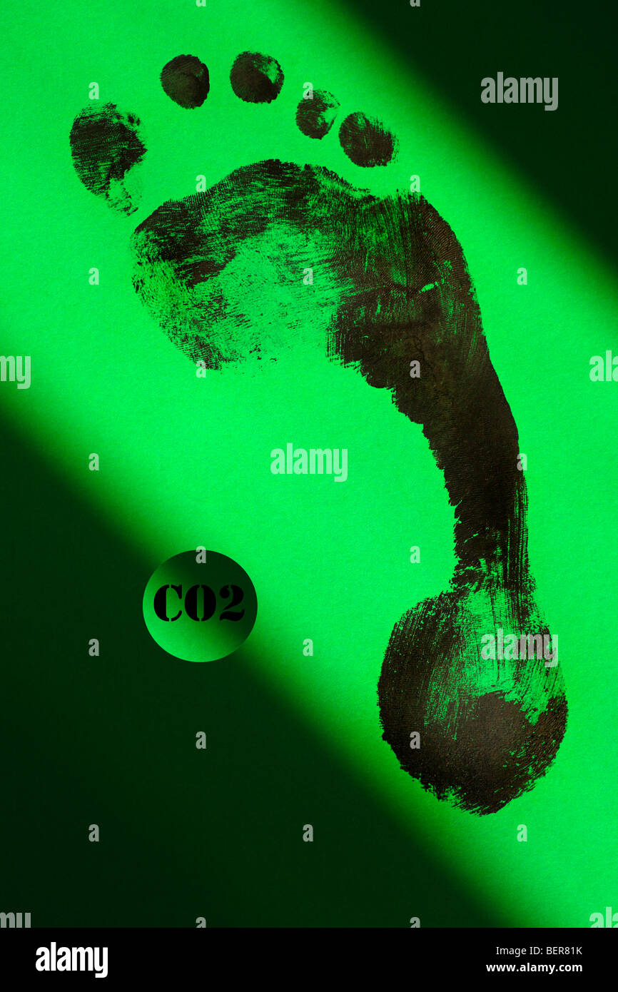 A black footprint on green symbolizing the carbon footprint with 'CO2' in black. Stock Photo
