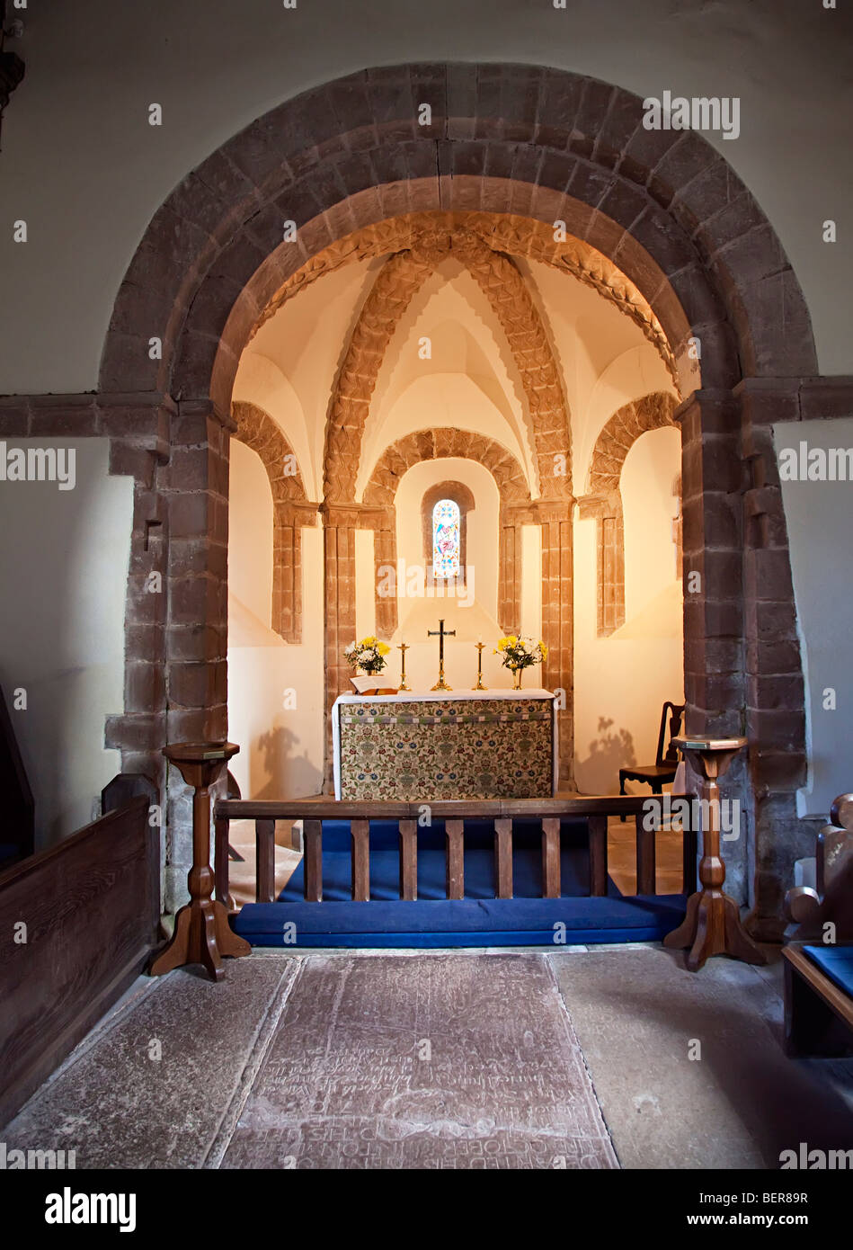 The apse and chancel arch in the parish church of St Mary and St David Kilpeck Herefordshire England UK Stock Photo