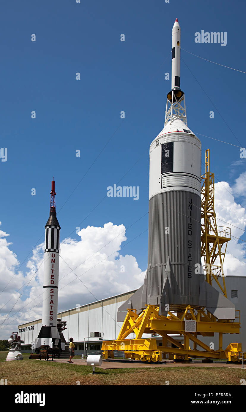Little Joe II and BP22 spacecraft with Mercury-Redstone booster and person for scale NASA Space Center Houston Texas USA Stock Photo