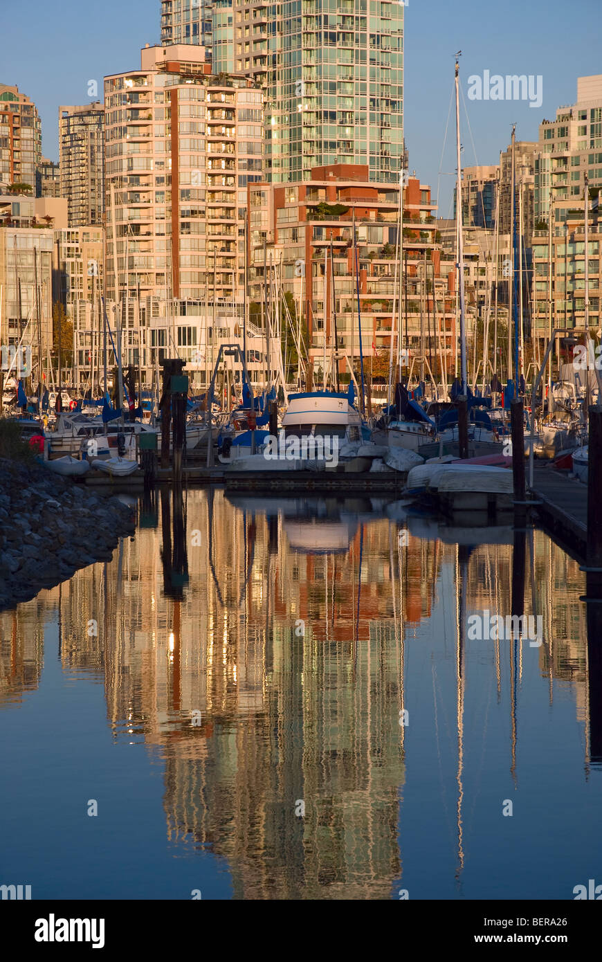 Reflections at sunset, False Creek, Vancouver, Canada. Stock Photo