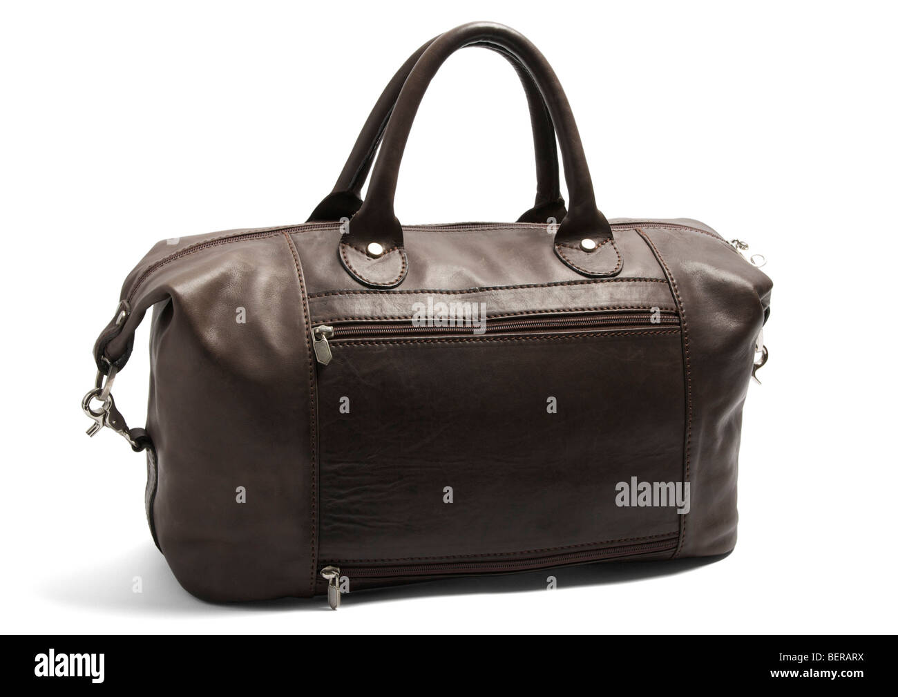 Brown leather holdall bag on white background Stock Photo