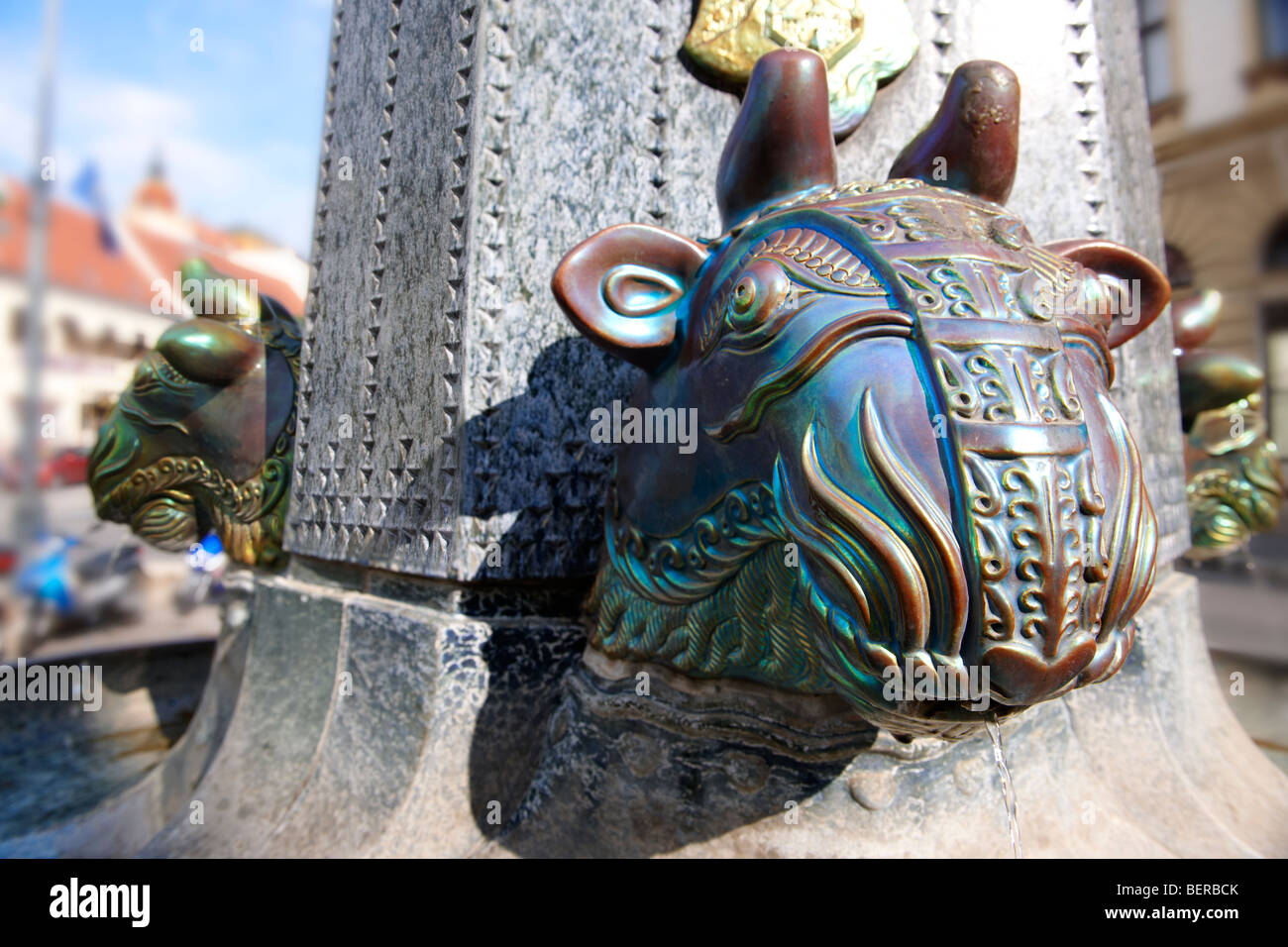 Zsolnay Bull's head fountain, Pecs - European Cultural City of The Year 2010 , Hungary Stock Photo
