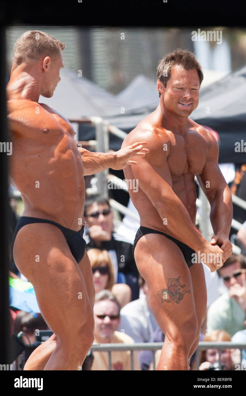 People posing on Muscle Beach in Venice Beach, LA, California, USA Stock Photo
