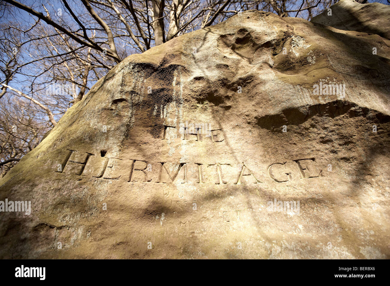 The Hermitage folly carved from solid rock, Sneaton Wood, near falling foss, North Yorkshire, UK Stock Photo