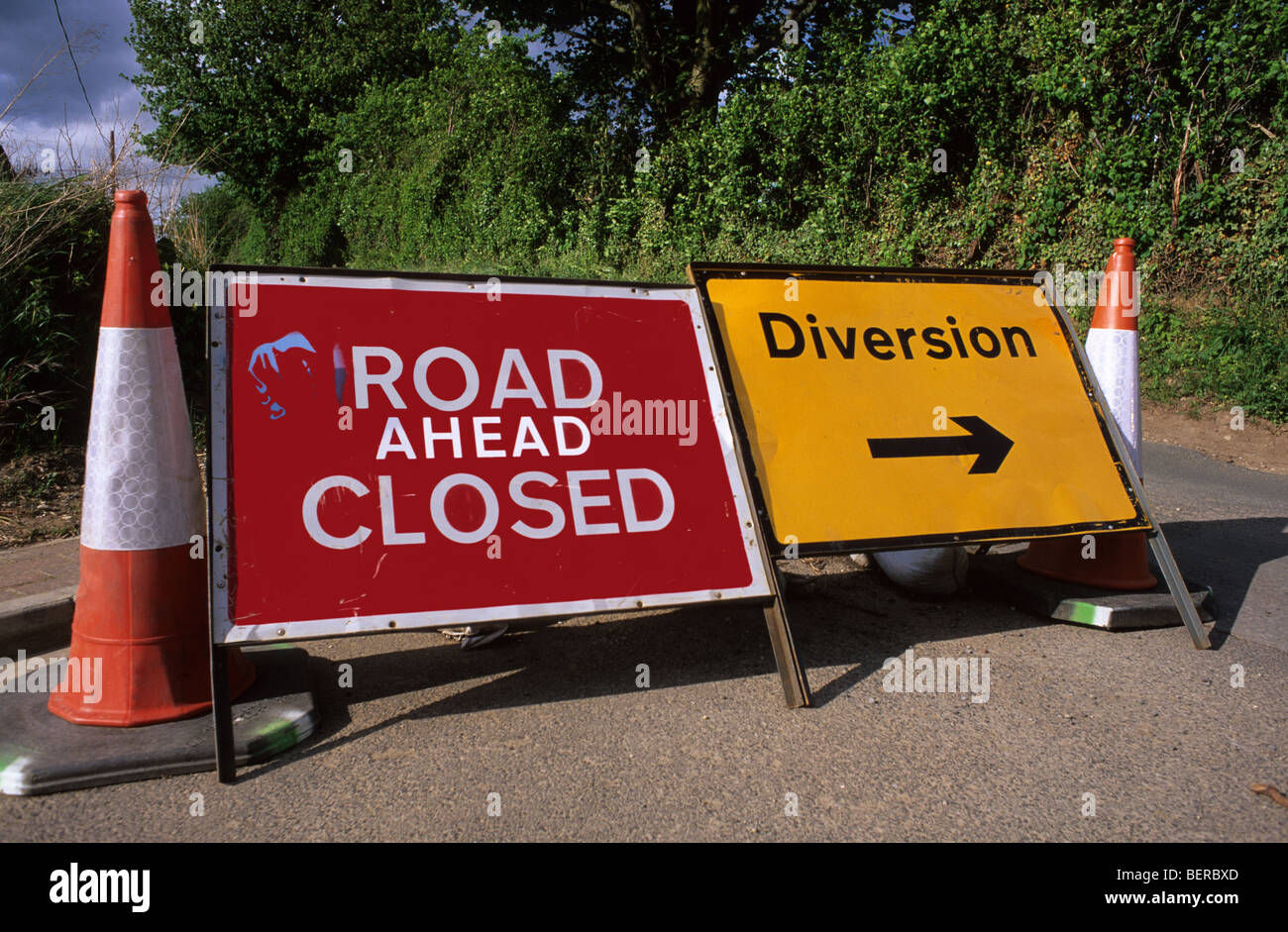 road closed and diversion sign during roadworks on road in leeds