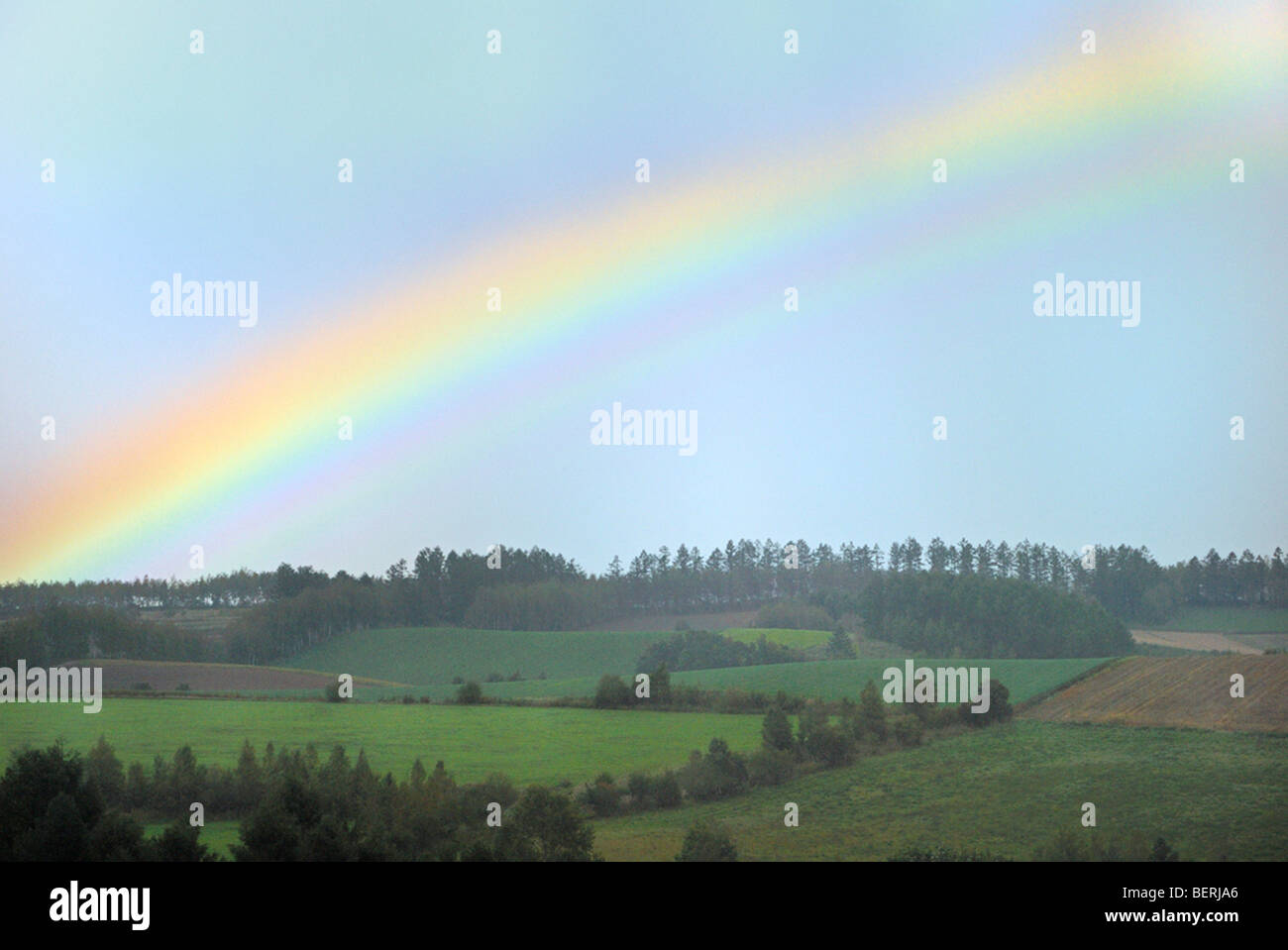Rainbow in the Sky, Biei, Hokkaido, Japan Stock Photo