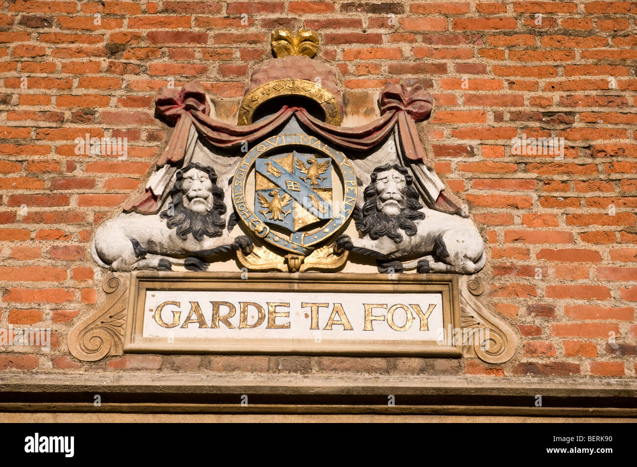 Magdalene College coat of arms; the inscription Garde ta Foy means keep faith Stock Photo
