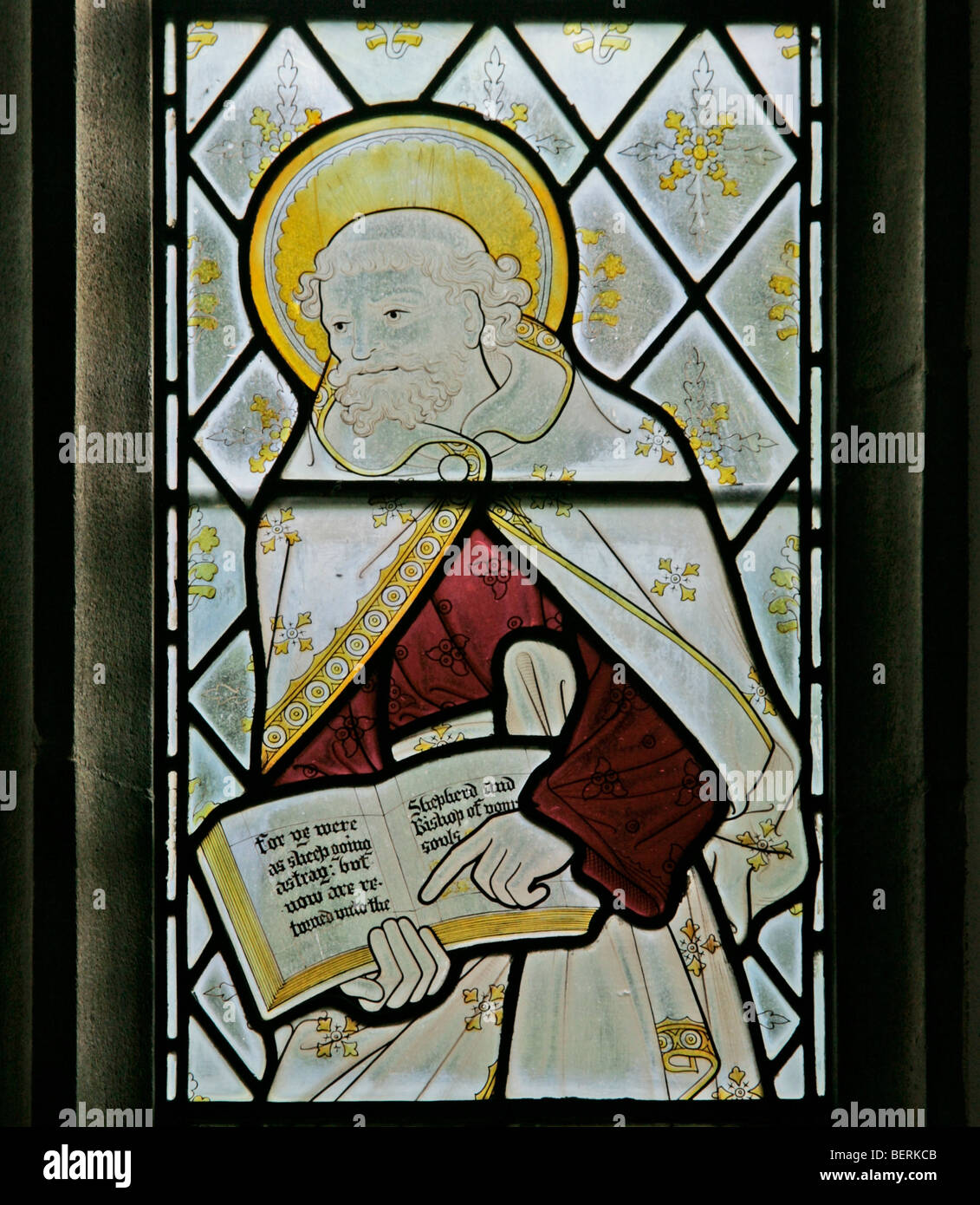 Detail of a stained glass window depicting Saint Peter the Apostle, by Herbert Bryans (artist Ernest Heasman),  St Martin's Church, Glandford, Norfolk Stock Photo