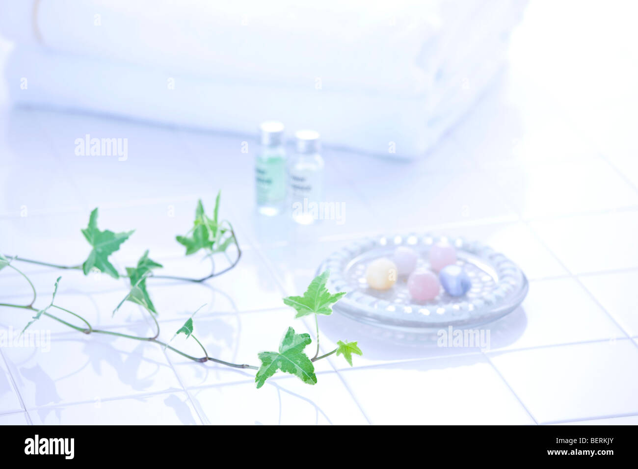 Plant and towels on floor Stock Photo