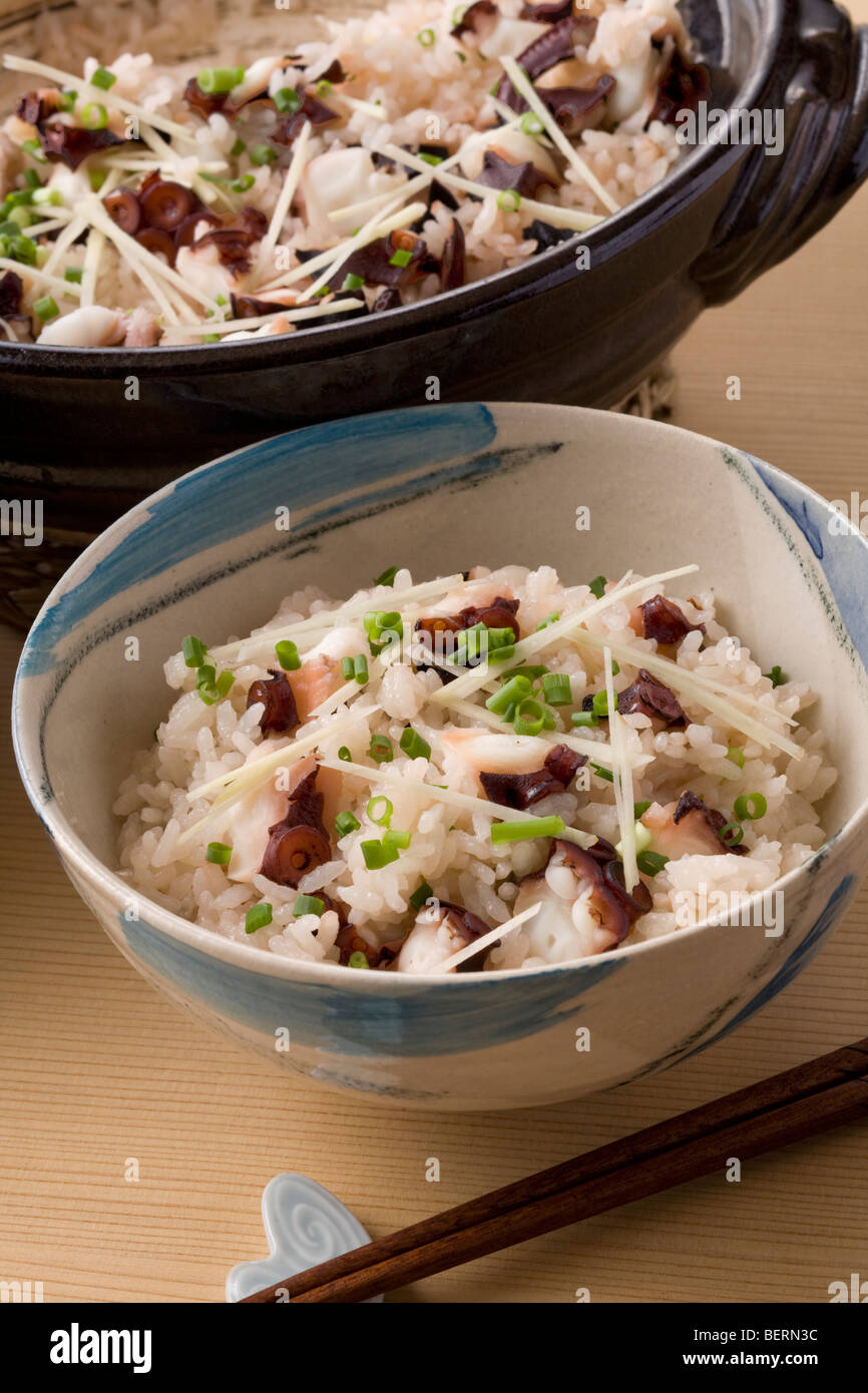 Bowl of rice cooked with slices of octopus Stock Photo - Alamy