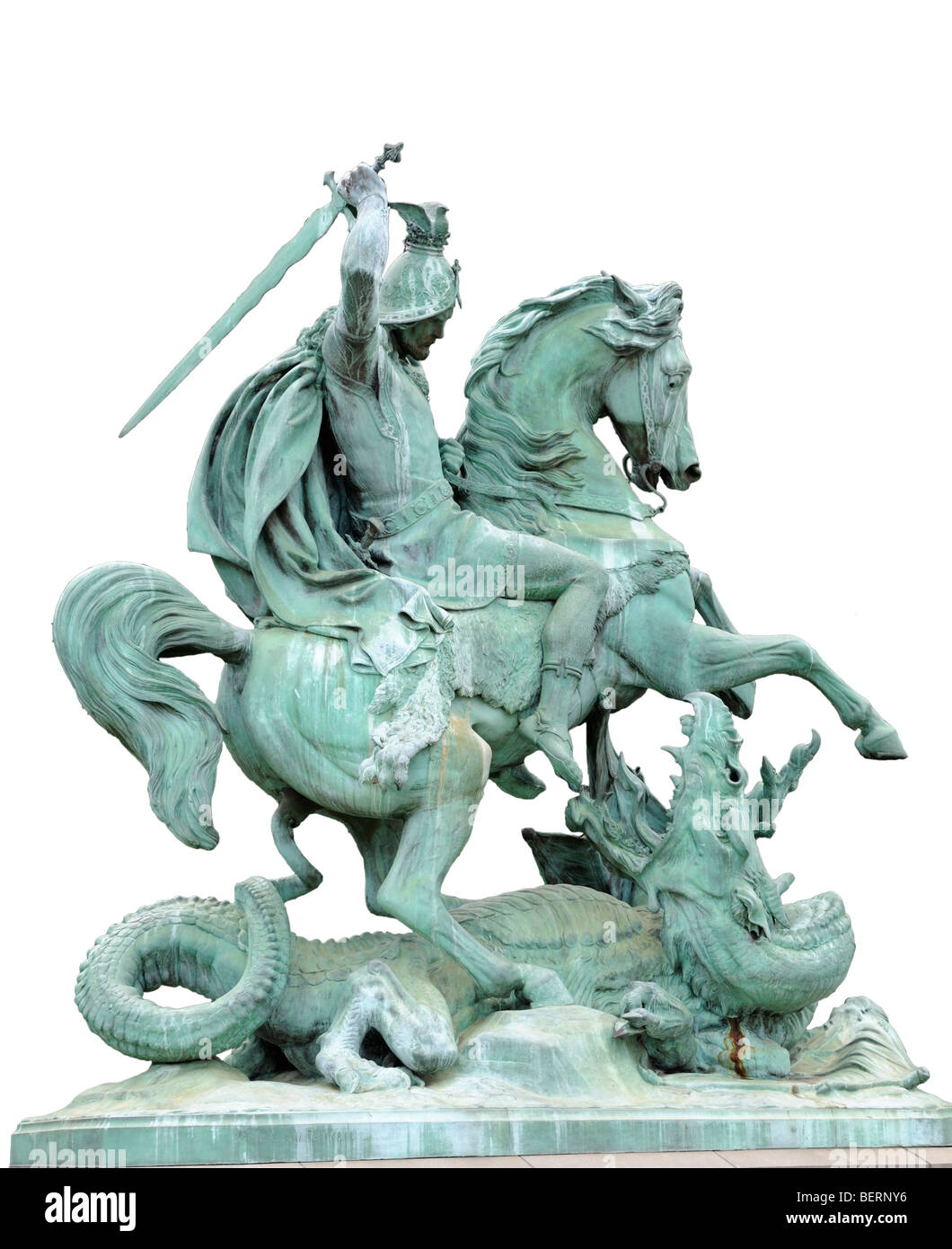 Zagreb, Croatia. Statue of St George and the Dragon in Trg marsala Tita (Marshal Tito Square) in front of National Theatre Stock Photo
