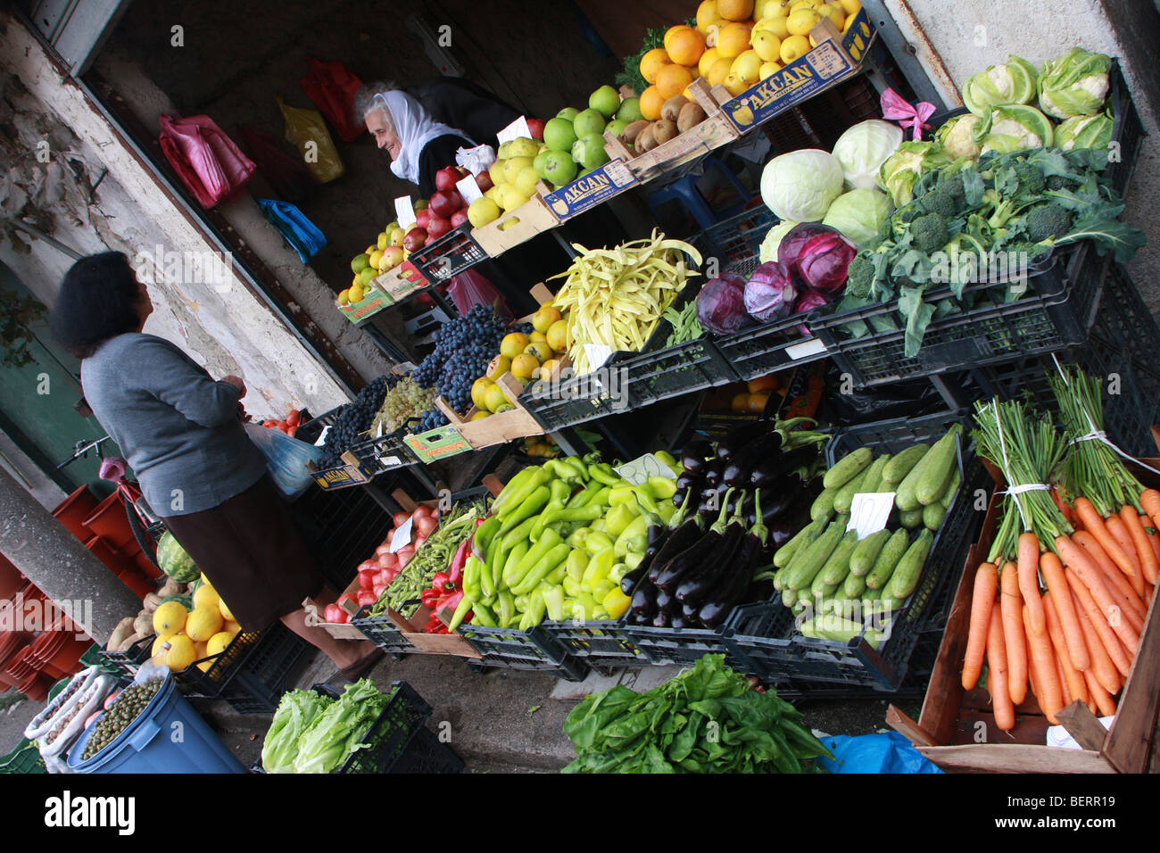 Fruit & vegetable stall in the market area of the Avni Rustemi district of Tirana, Albania Stock Photo