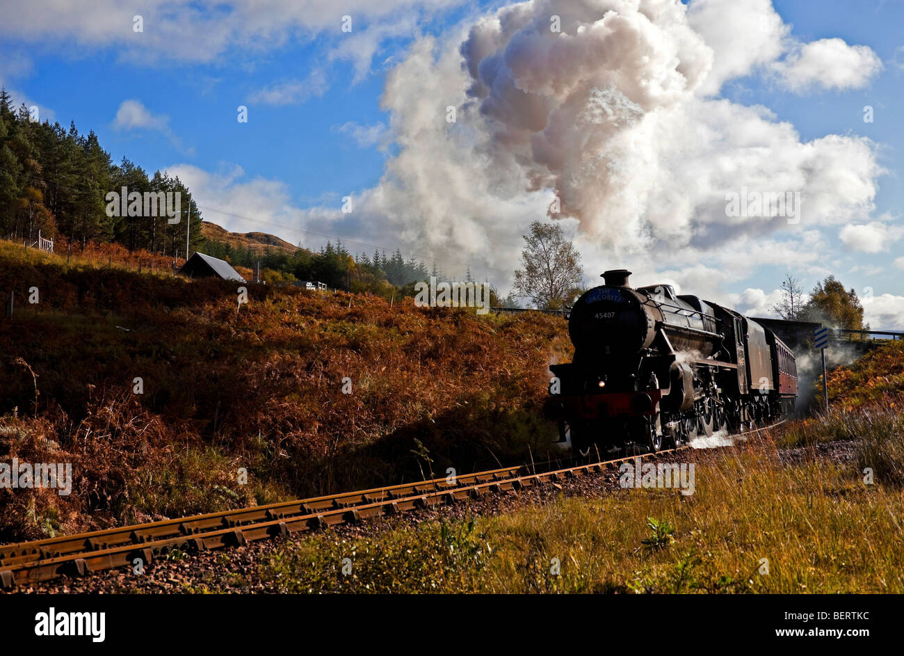 Jacobite Steam Train, travelling through countryside, Lochaber, scotland, UK, Europe Stock Photo