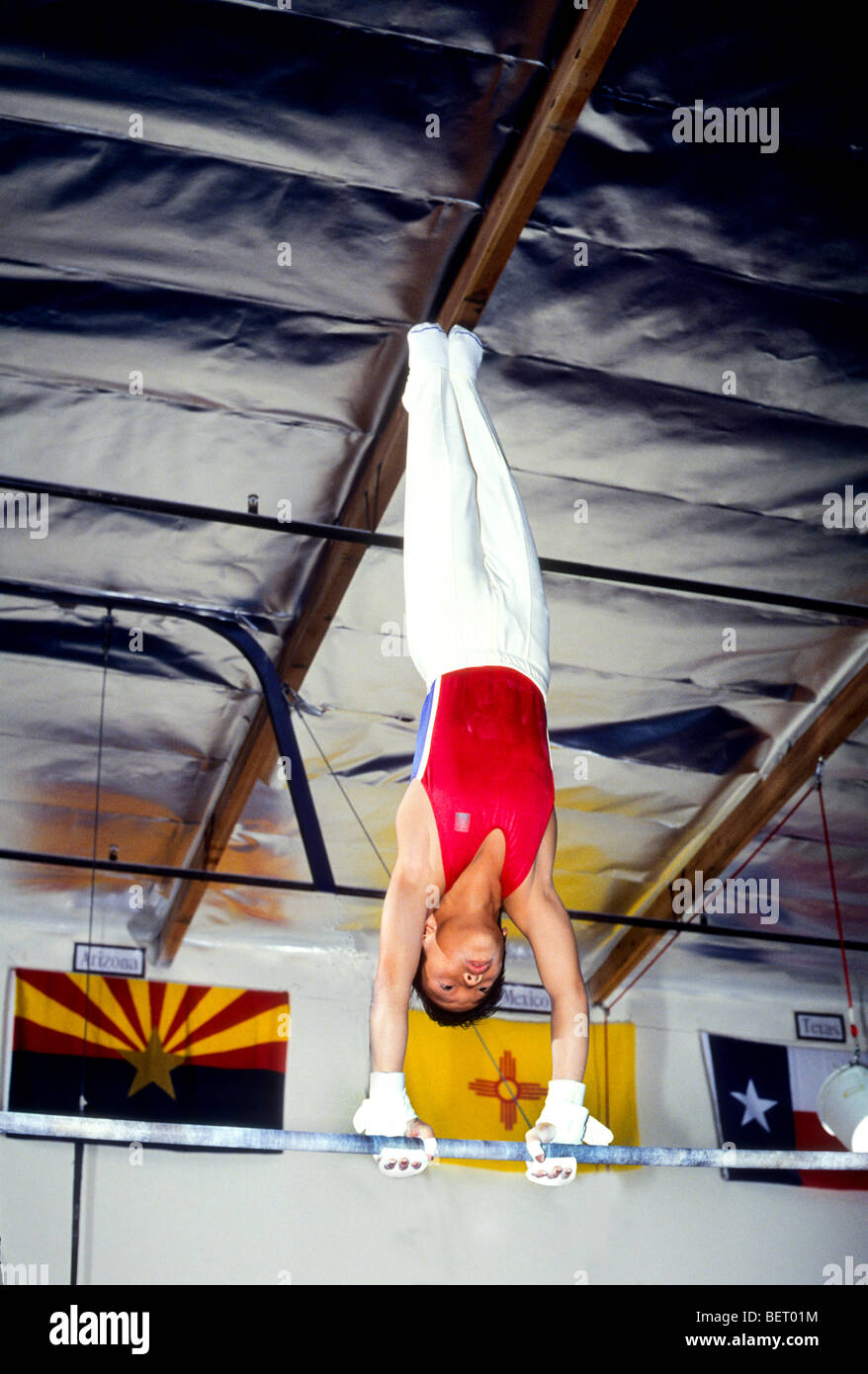 boy teen male gymnasts perform show demonstrate skill training