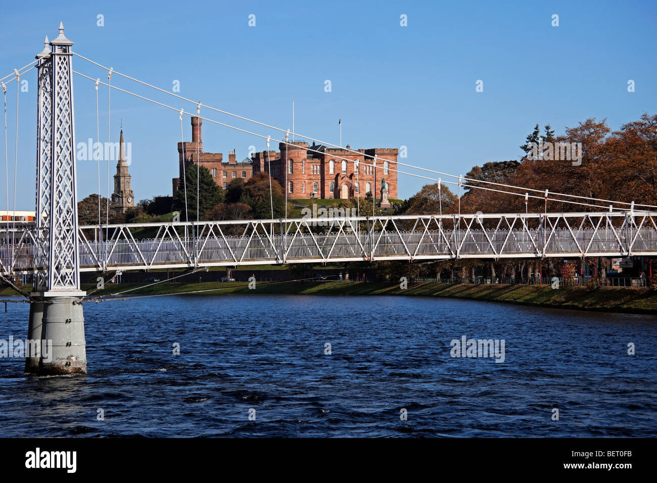 Footbridge spanning the River Ness, with Inverness Castle in background Inverness-shire, Scotland UK Europe Stock Photo