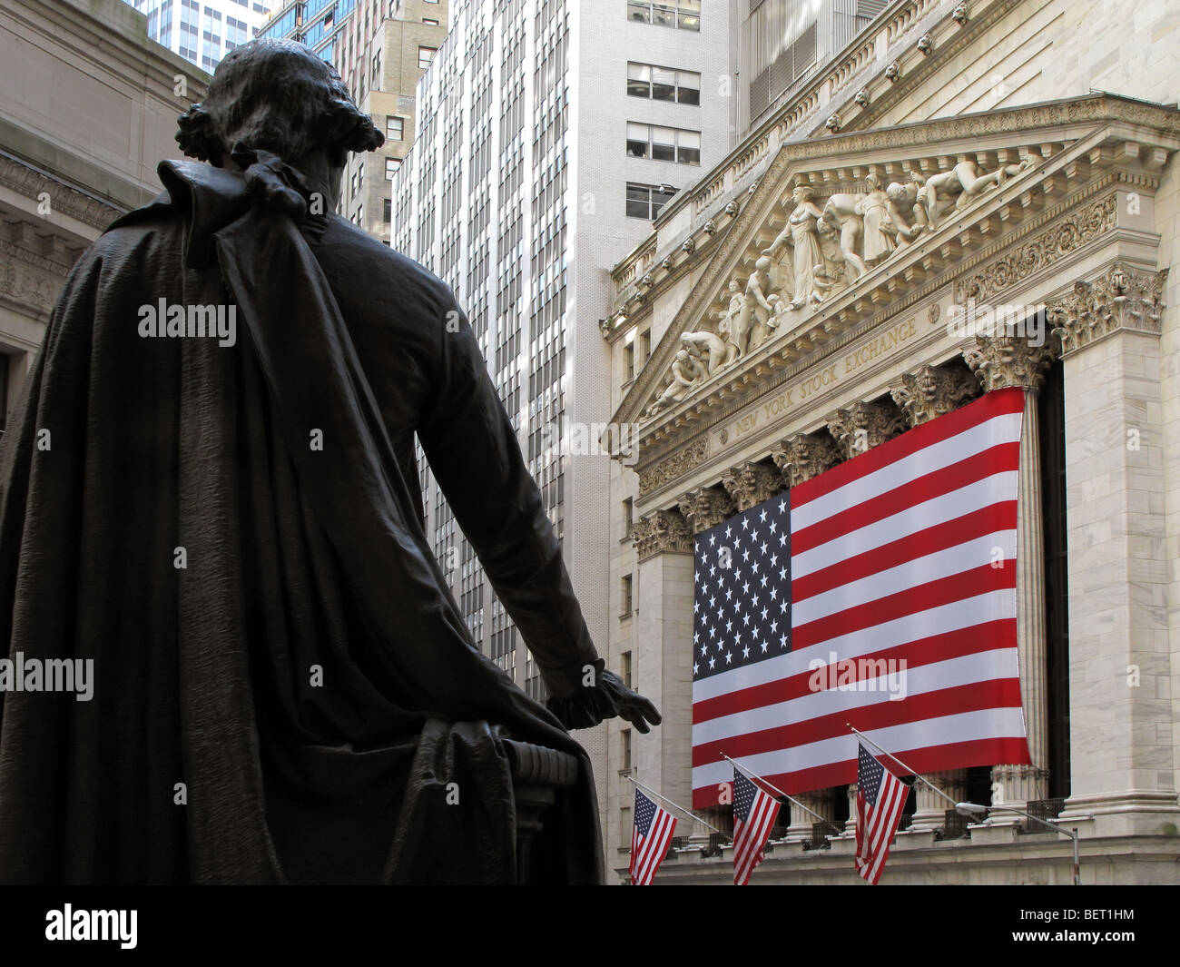 Statue of George Washington and New York Stock Exchange with Giant US ...