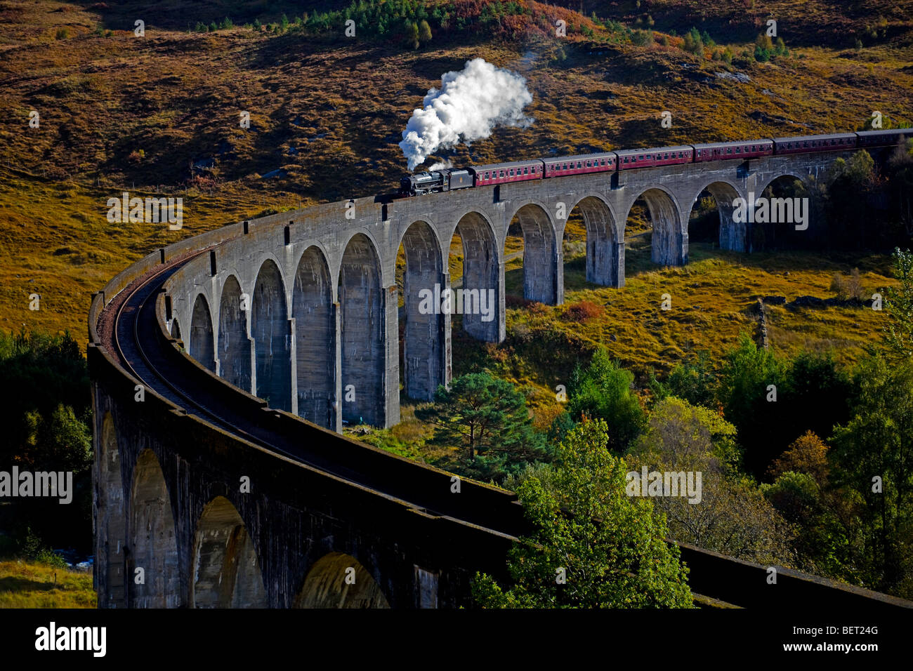 Jacobite Steam Train, crossing Glenfinnan Viaduct, Lochaber, scotland, UK, Europe Stock Photo