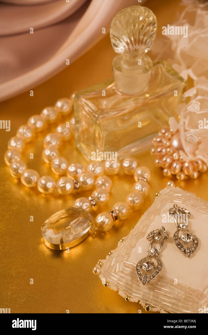 Lady still life with the pearls and the perfumes Stock Photo