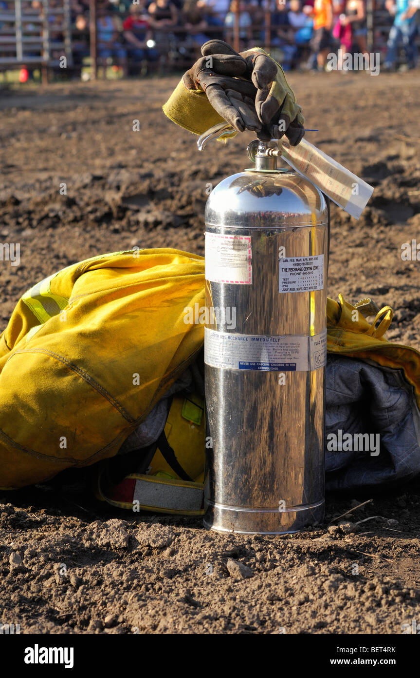 Firefighter equipment Smash up derby Barrhead, Alberta, Canada Stock