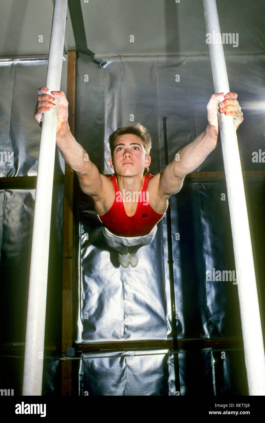 boy teen male gymnasts perform show demonstrate skill training