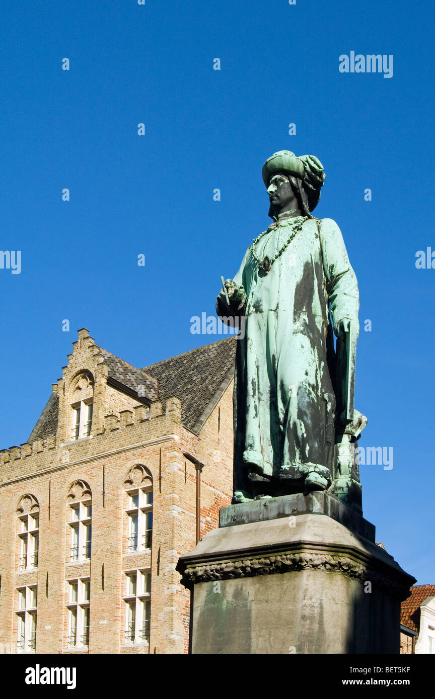Statue of Northern Renaissance artist Jan Van Eyck in the city Bruges, West Flanders, Belgium Stock Photo