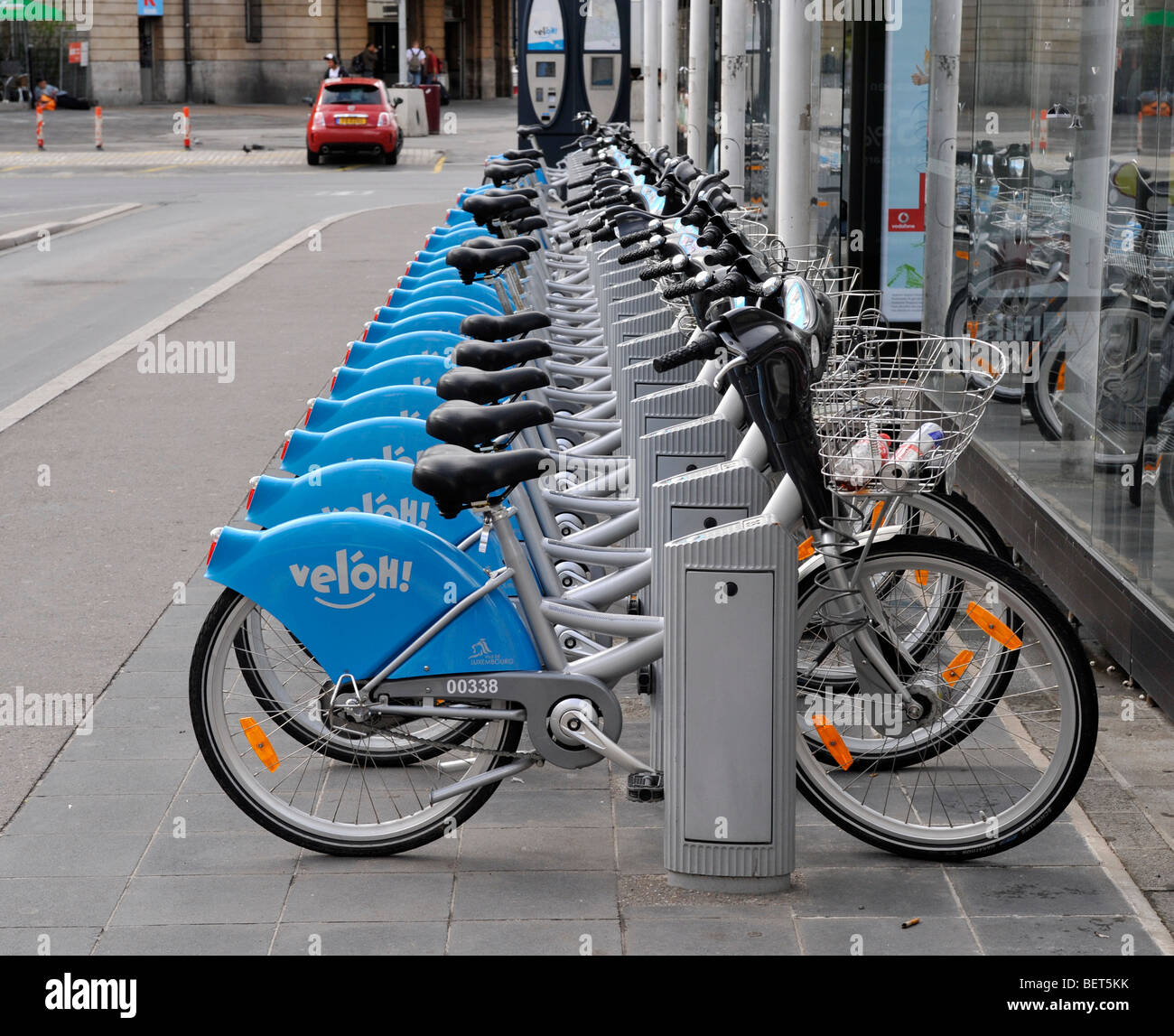 Pedal cycles for hire, City Centre, Luxembourg. Stock Photo