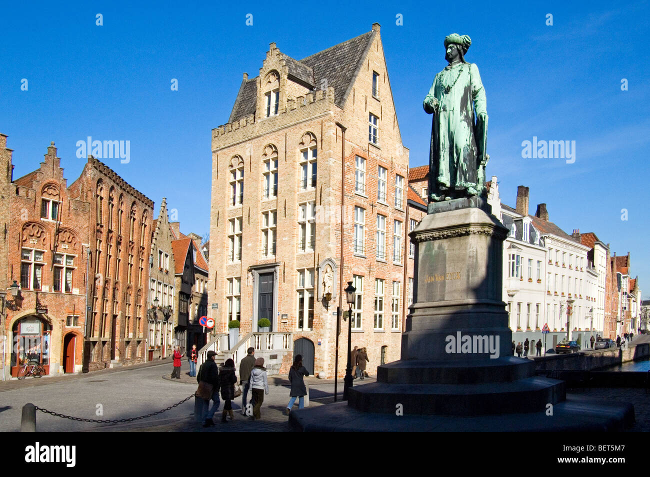 Statue of Northern Renaissance artist Jan Van Eyck in the city Bruges, West Flanders, Belgium Stock Photo