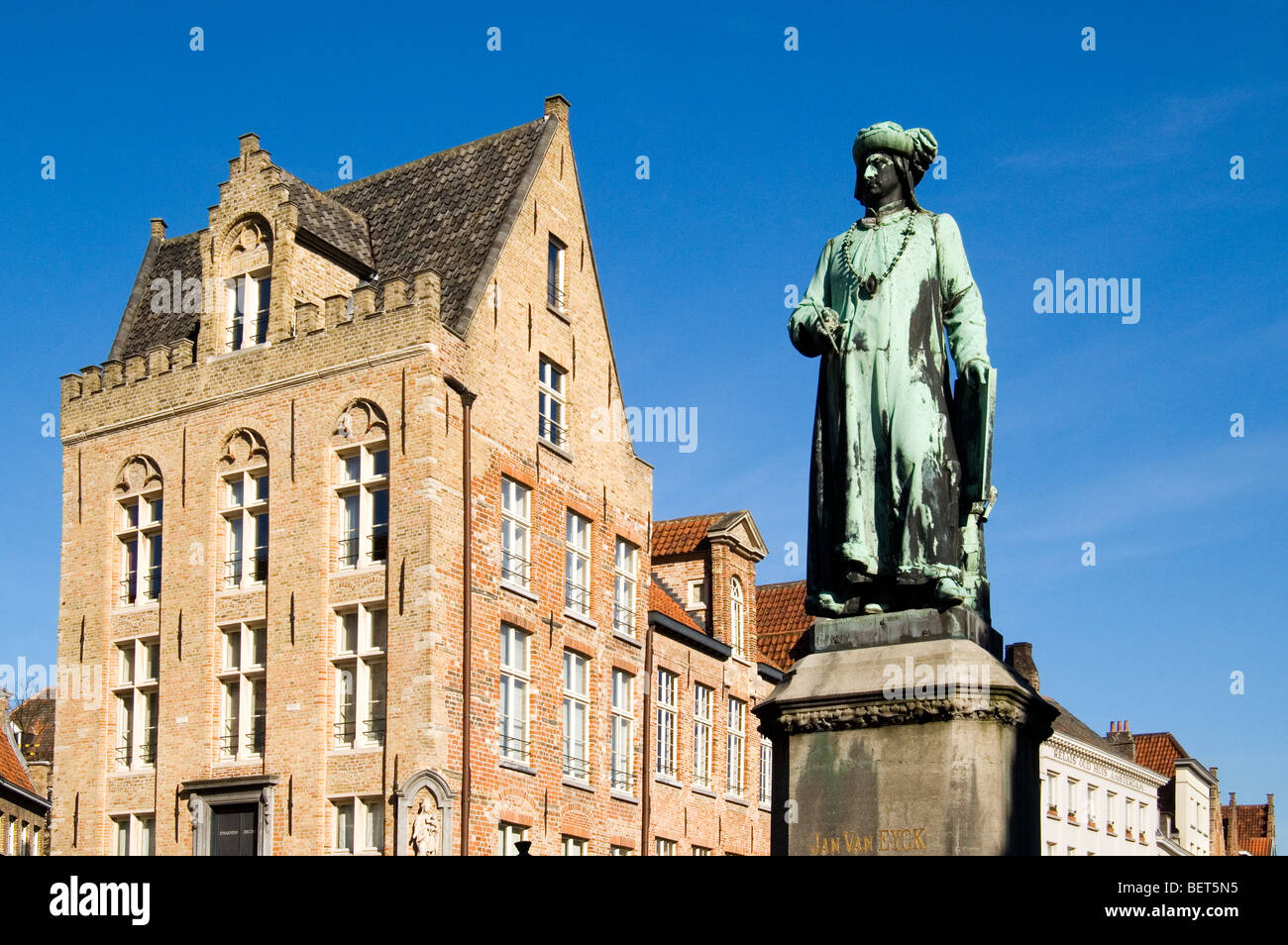 Statue of Northern Renaissance artist Jan Van Eyck in the city Bruges, West Flanders, Belgium Stock Photo