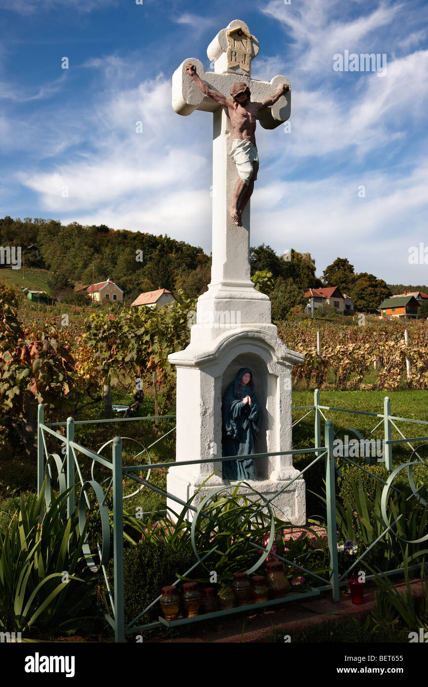 Cross of the blue Madonna - Korseg  vineyards, Velem, Hungary Stock Photo