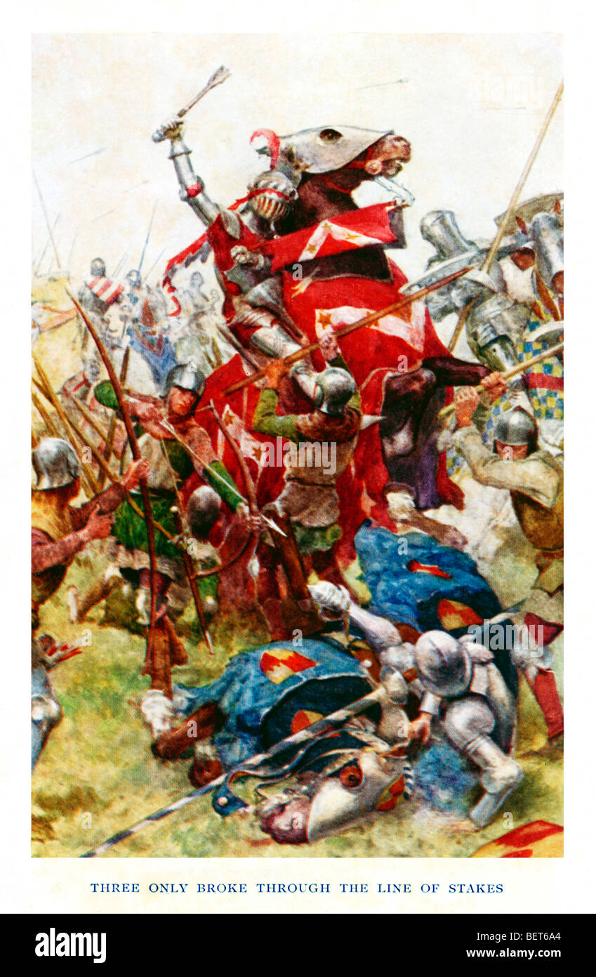 Agincourt, illustration of the 1415 battle, from the GA Henty book, three of the French cavalry break through the line of stakes Stock Photo